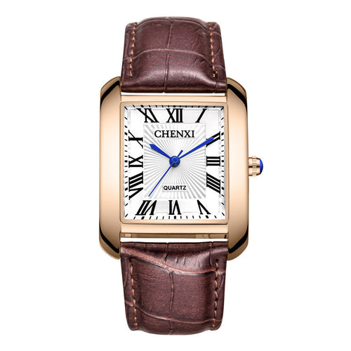 A square-shaped women's watch with a brown leather strap, black dial, and gold-colored case.
