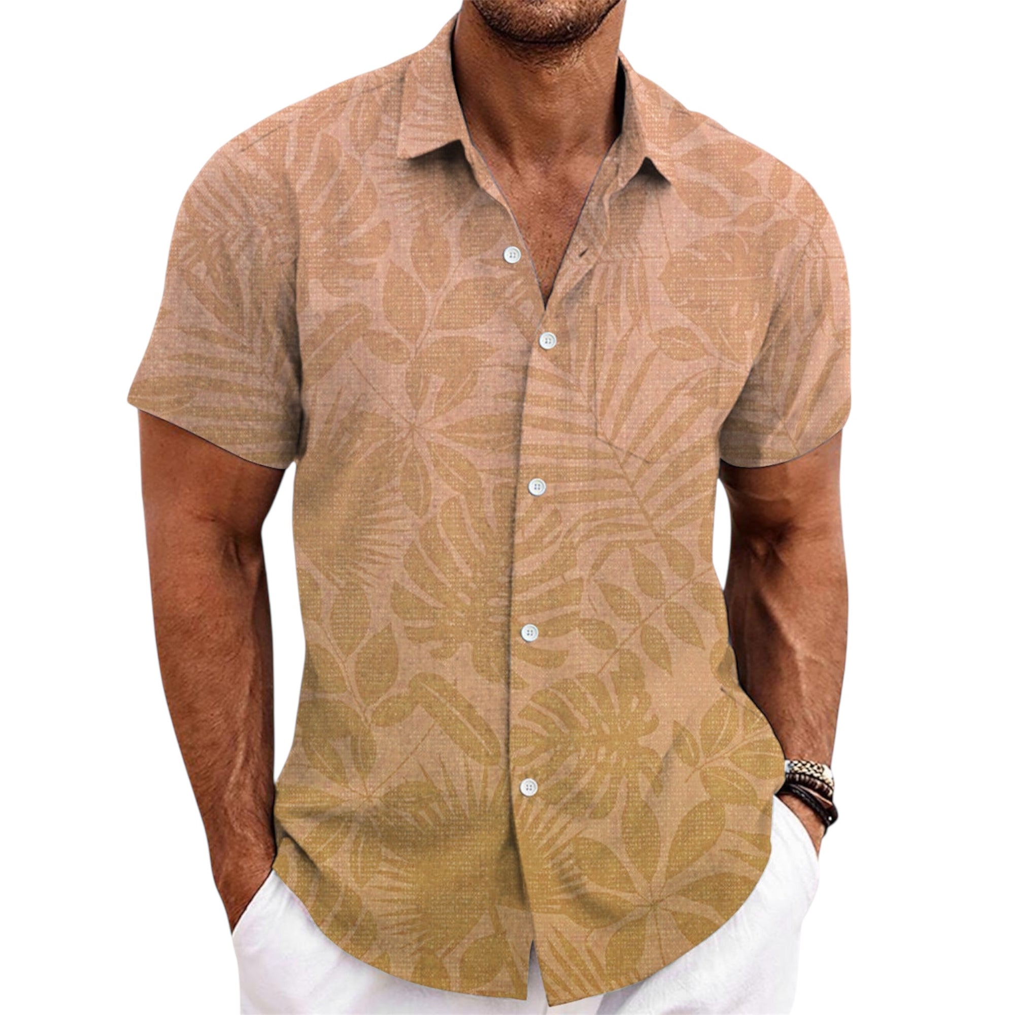 Men's Fashionable Casual Shirt Solid Color Short Sleeve Cardigan Shirt Bamboo Linen Polyester Men's Casual Shirt