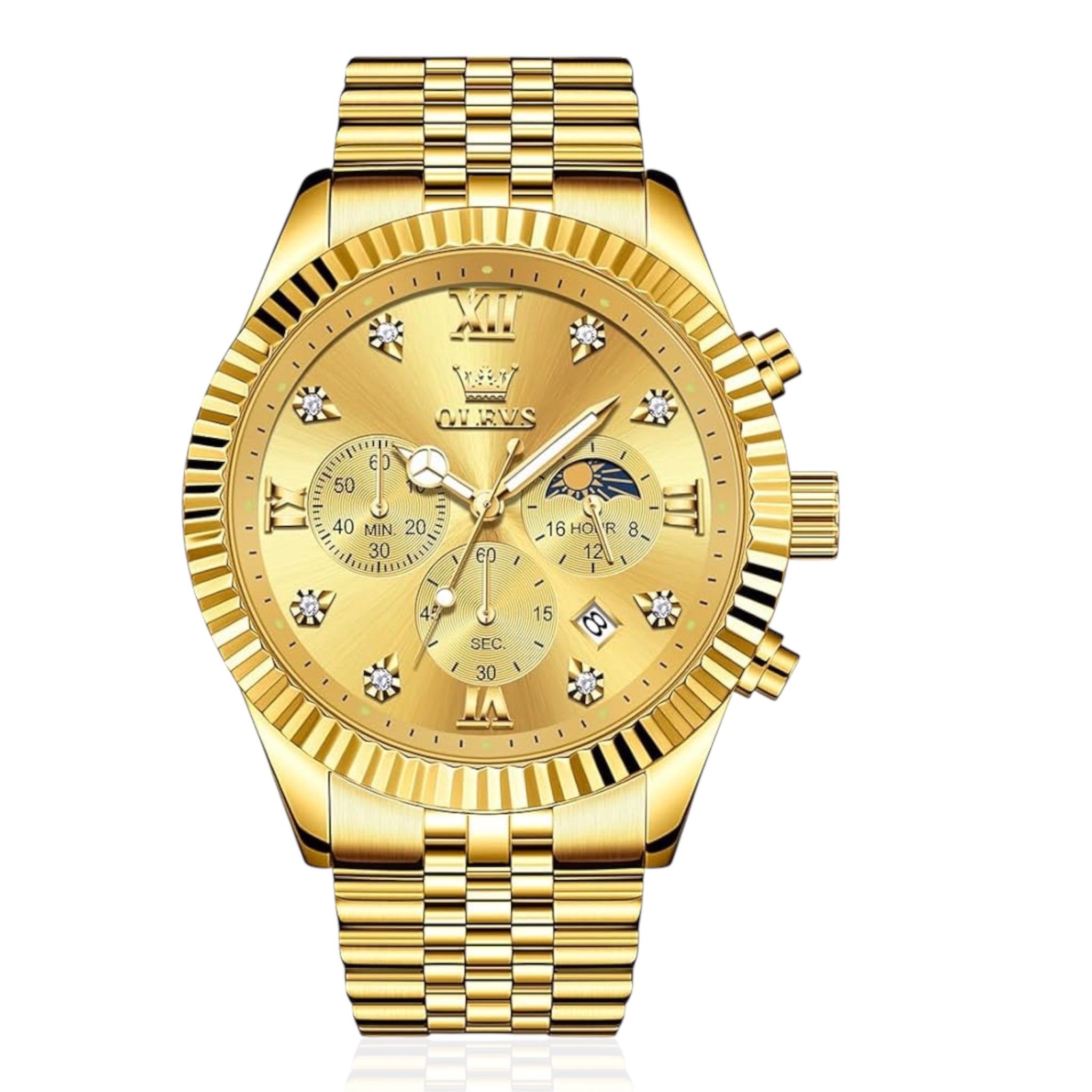 OLEVS Original Men Quartz Watch Chronograph Gold Stainless Steel Moon Phase Luxury Men's Watch - Acquisti Online