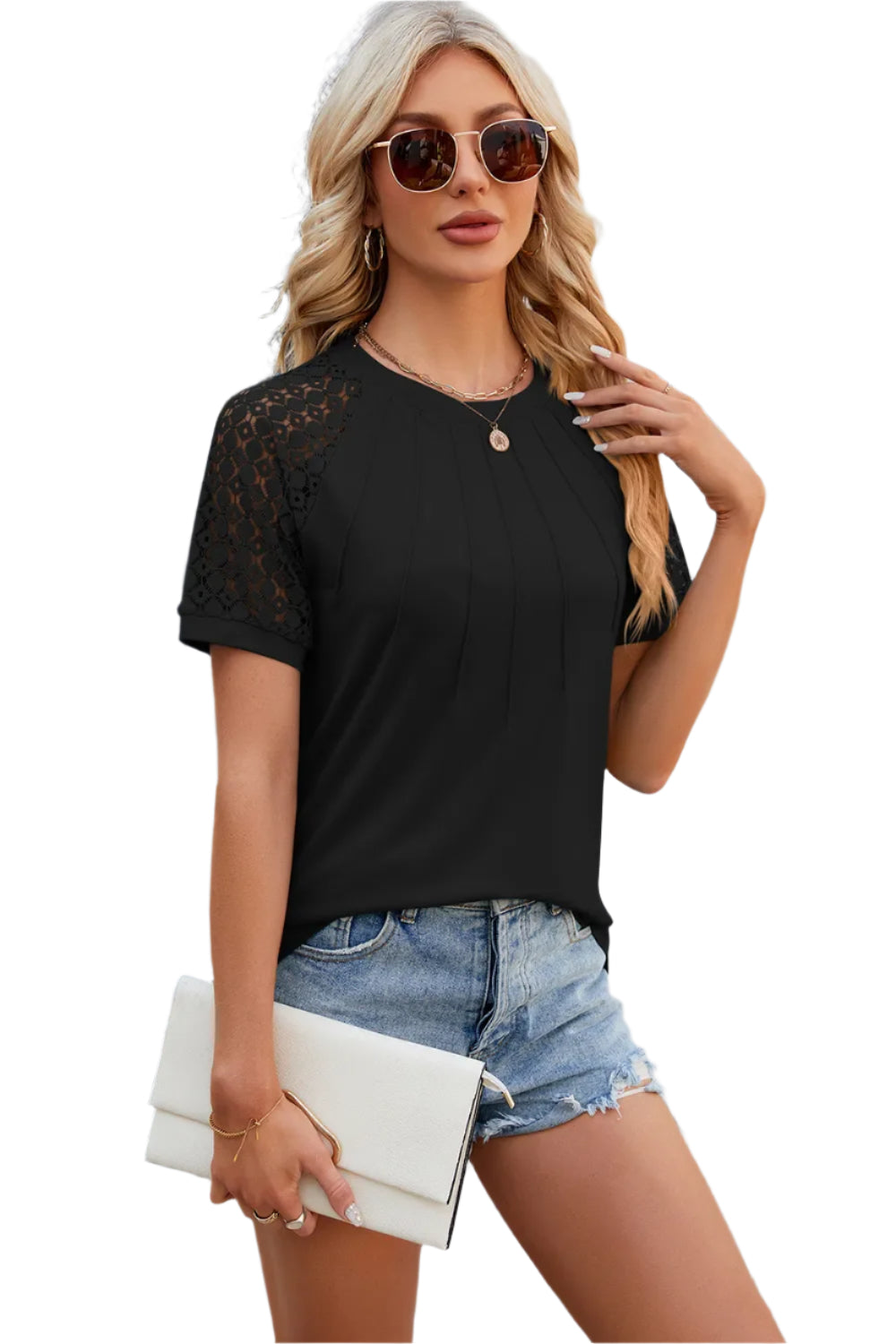 T-shirttop met ronde hals, kantpatchwork en korte mouwen voor dames
