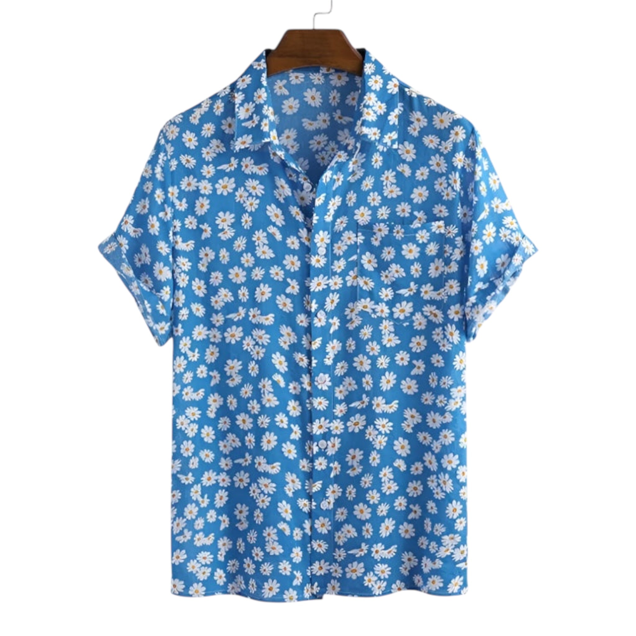 Camicia a maniche corte da uomo alla moda, camicia a maniche corte con stampa floreale, camicia casual da uomo hawaiana con stampa di piccole margherite