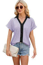 V-hals contrasterende korte mouwen losse T-shirt top voor dames