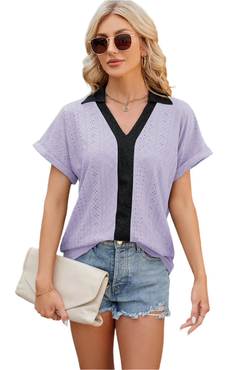 V-hals contrasterende korte mouwen losse T-shirt top voor dames
