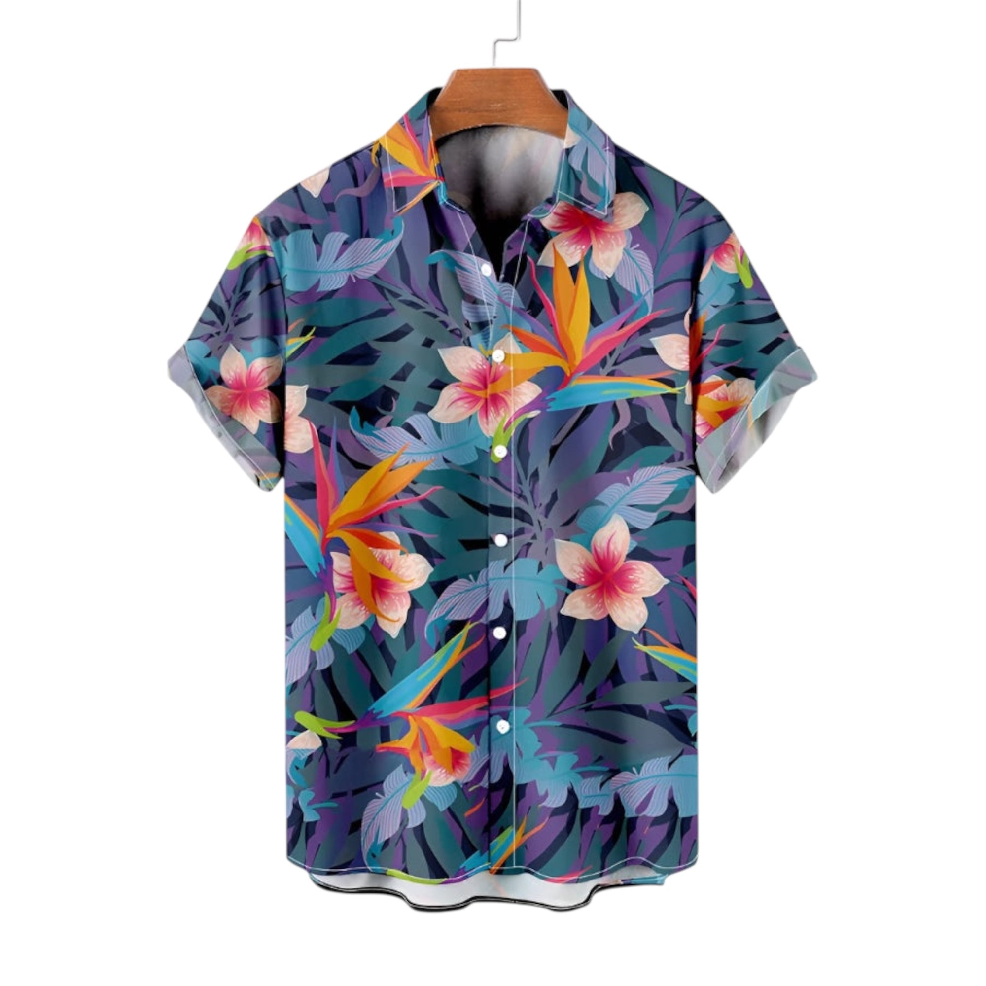 Men's Fashionable Casual Shirt Solid Color Polyester Fiber Flower Pattern Seaside Men's Clothing Printed Casual Shirt