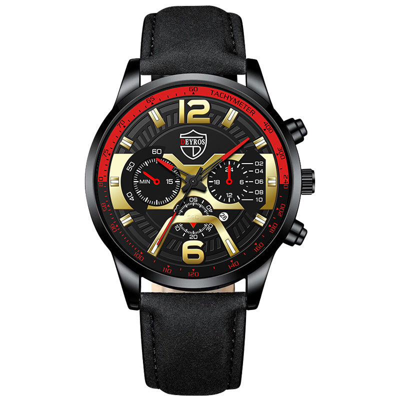 A black DEYROS branded analog quartz watch with a black band and a black dial with gold and silver accents, blue and red needles, and a date display.