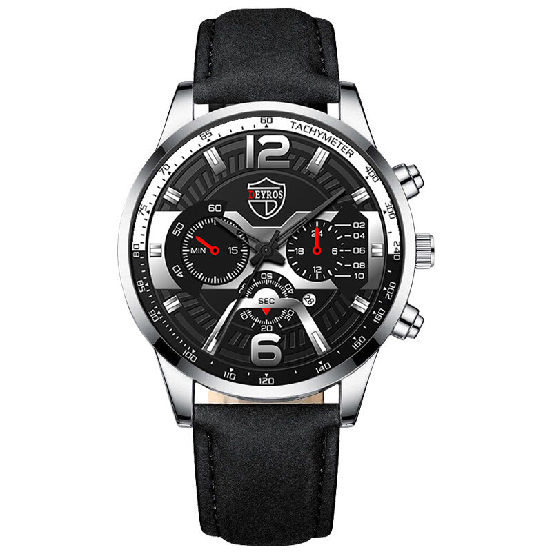 A black DEYROS branded analog quartz watch with a black band and a black dial with gold and silver accents, blue and red needles, and a date display.