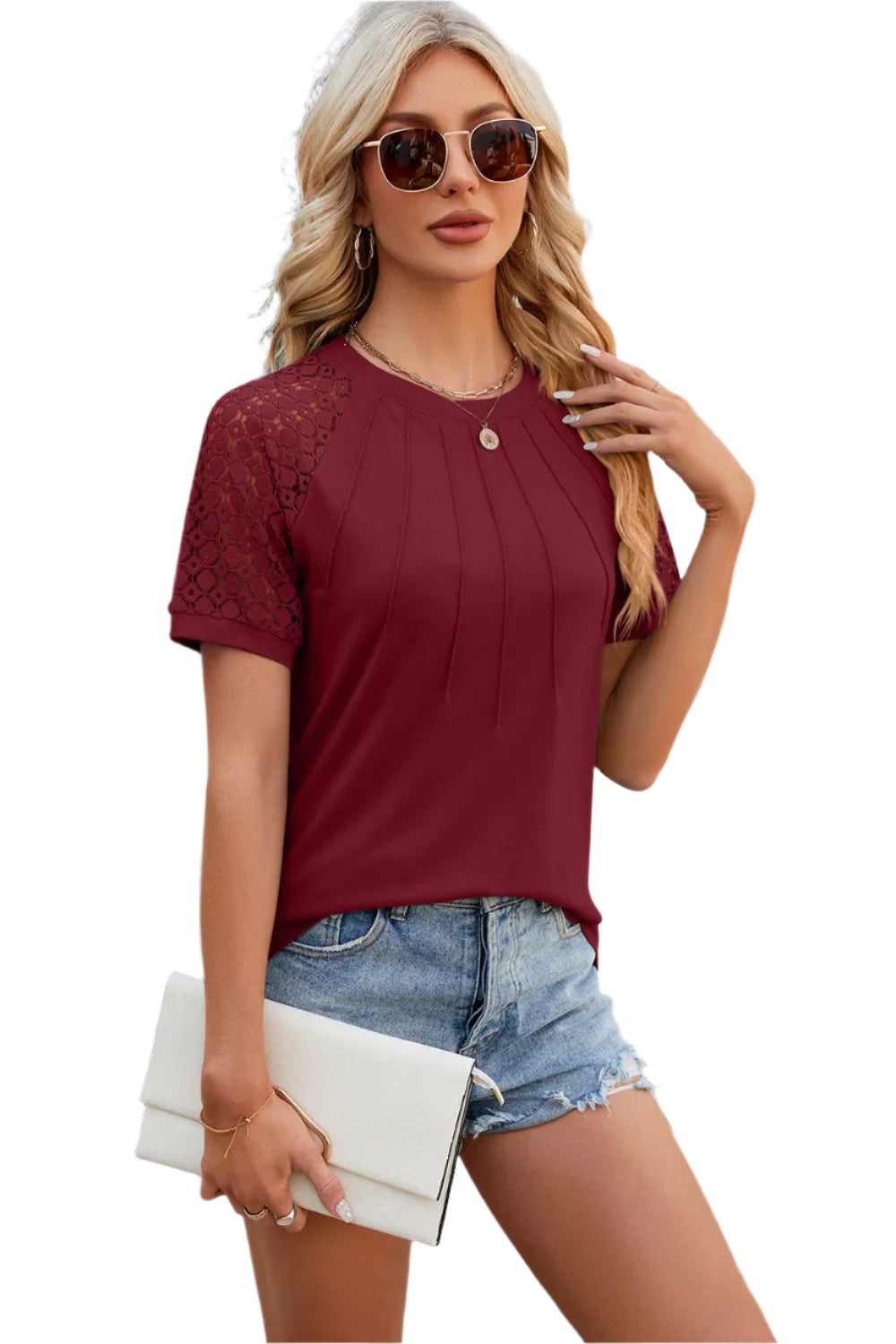 T-shirttop met ronde hals, kantpatchwork en korte mouwen voor dames