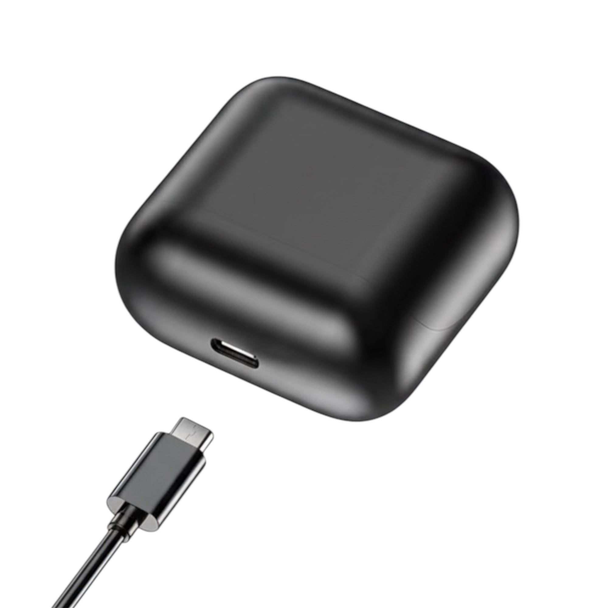 Black electronic device with USB-C cable on a white background