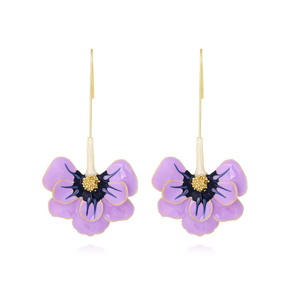 Purple Oil Dropping Flower Earrings Exaggerate Long Alloy Flower Earhooks
