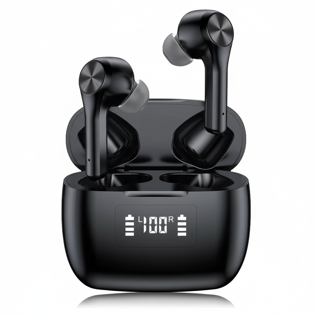 Black wireless earbuds with charging case on a white background