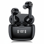 Black wireless earbuds with charging case on a white background
