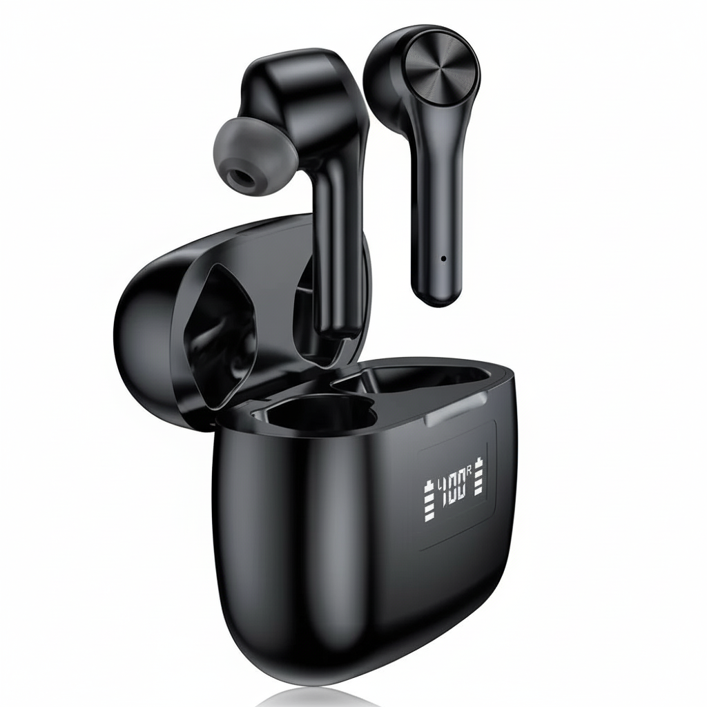 Black wireless earbuds with charging case on a white background