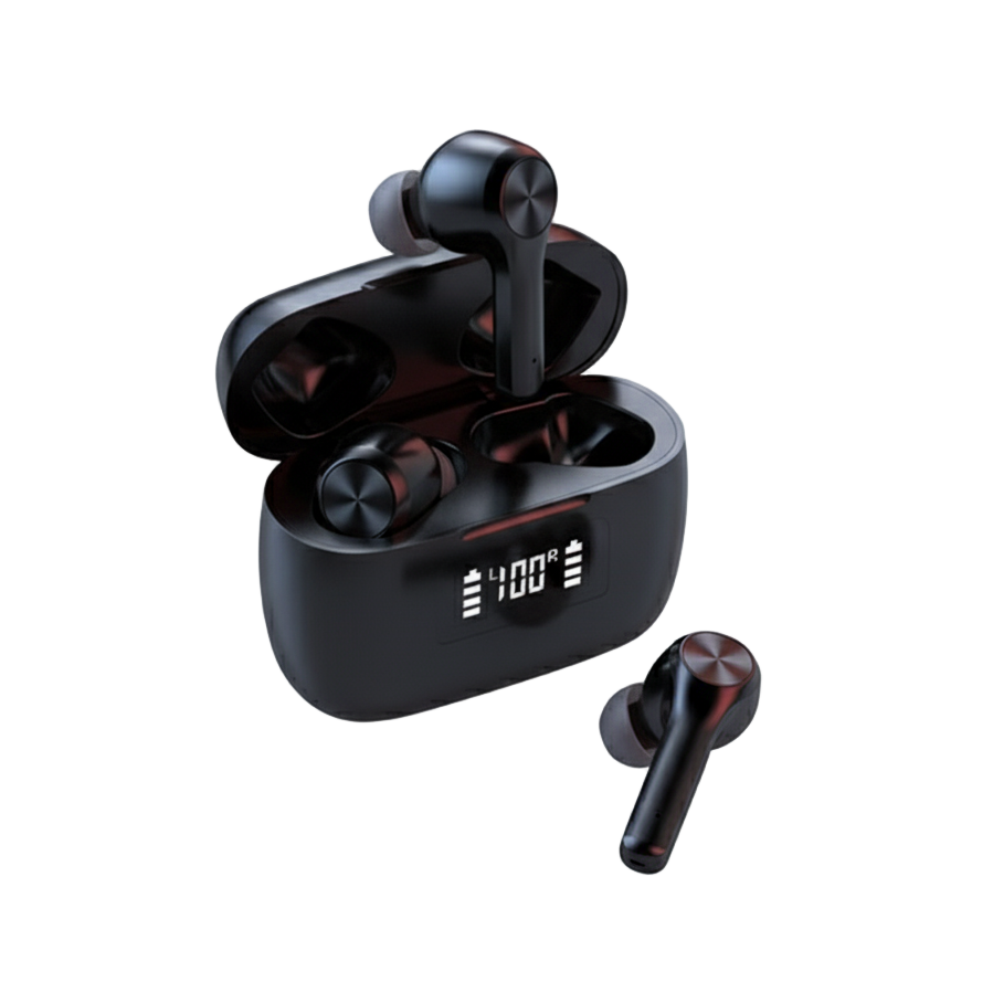 Black wireless earbuds with charging case on a white background