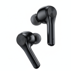 Black wireless earbuds on a white background