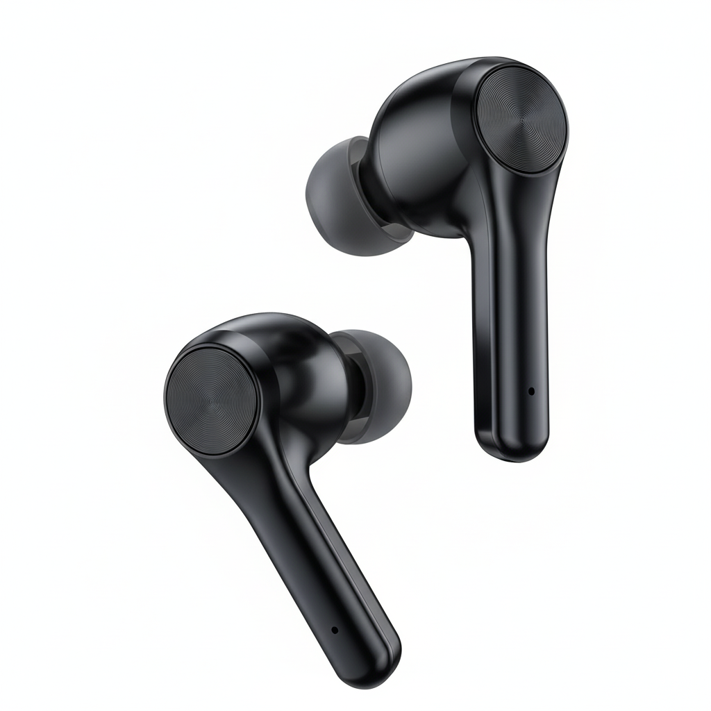 Black wireless earbuds on a white background