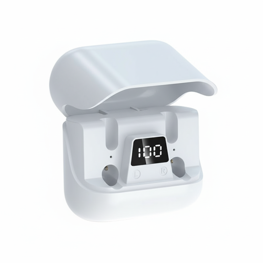 White electronic device with a digital display on a white background