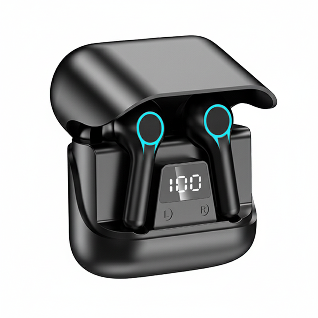 Black wireless earbuds with charging case on a white background