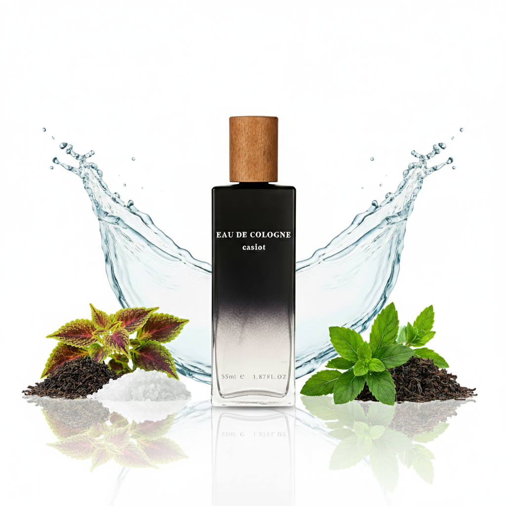 Perfume bottle labeled 'Eau de Cologne casiot' with water splashes and greenery on a white background