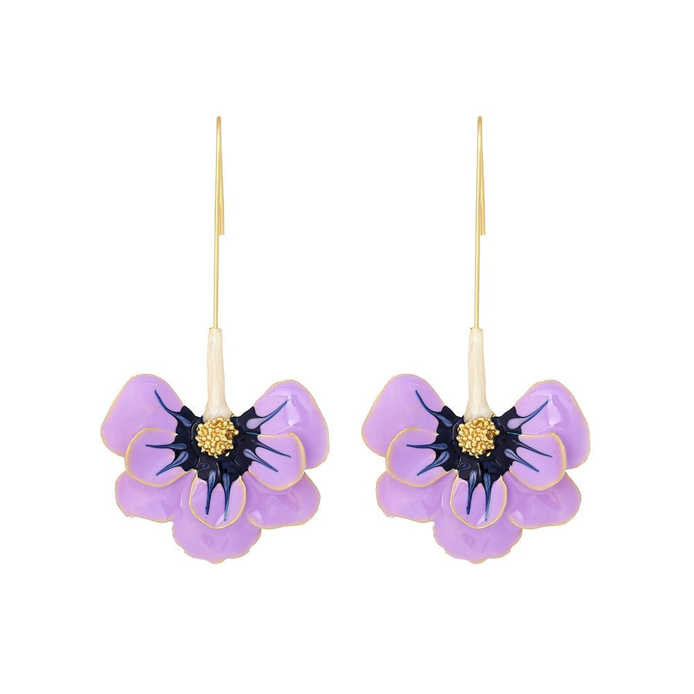 Purple Oil Dropping Flower Earrings Exaggerate Long Alloy Flower Earhooks