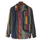 Men's Fashionable Casual Shirt Cotton Linen Long Sleeve Loose Lapel Collar Contrast Striped Stylish Men's Casual Shirt