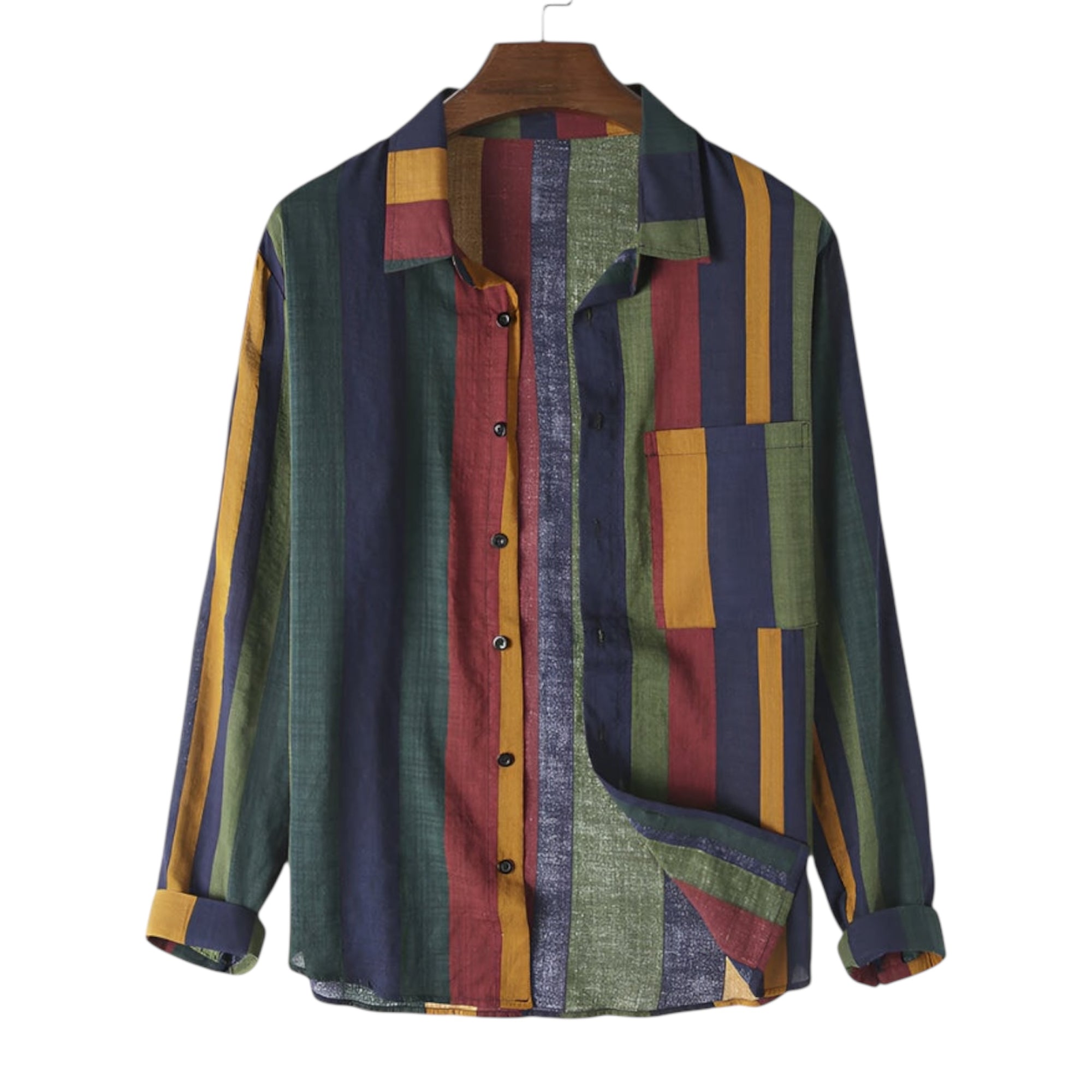 Men's Fashionable Casual Shirt Cotton Linen Long Sleeve Loose Lapel Collar Contrast Striped Stylish Men's Casual Shirt