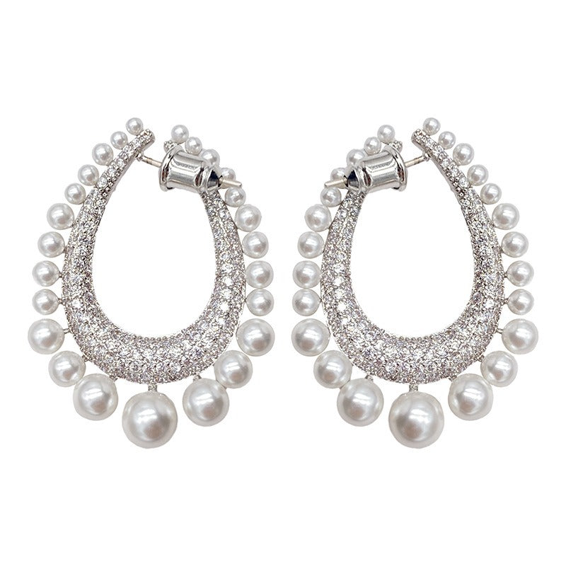 Full diamond row of pearl water drop earrings female