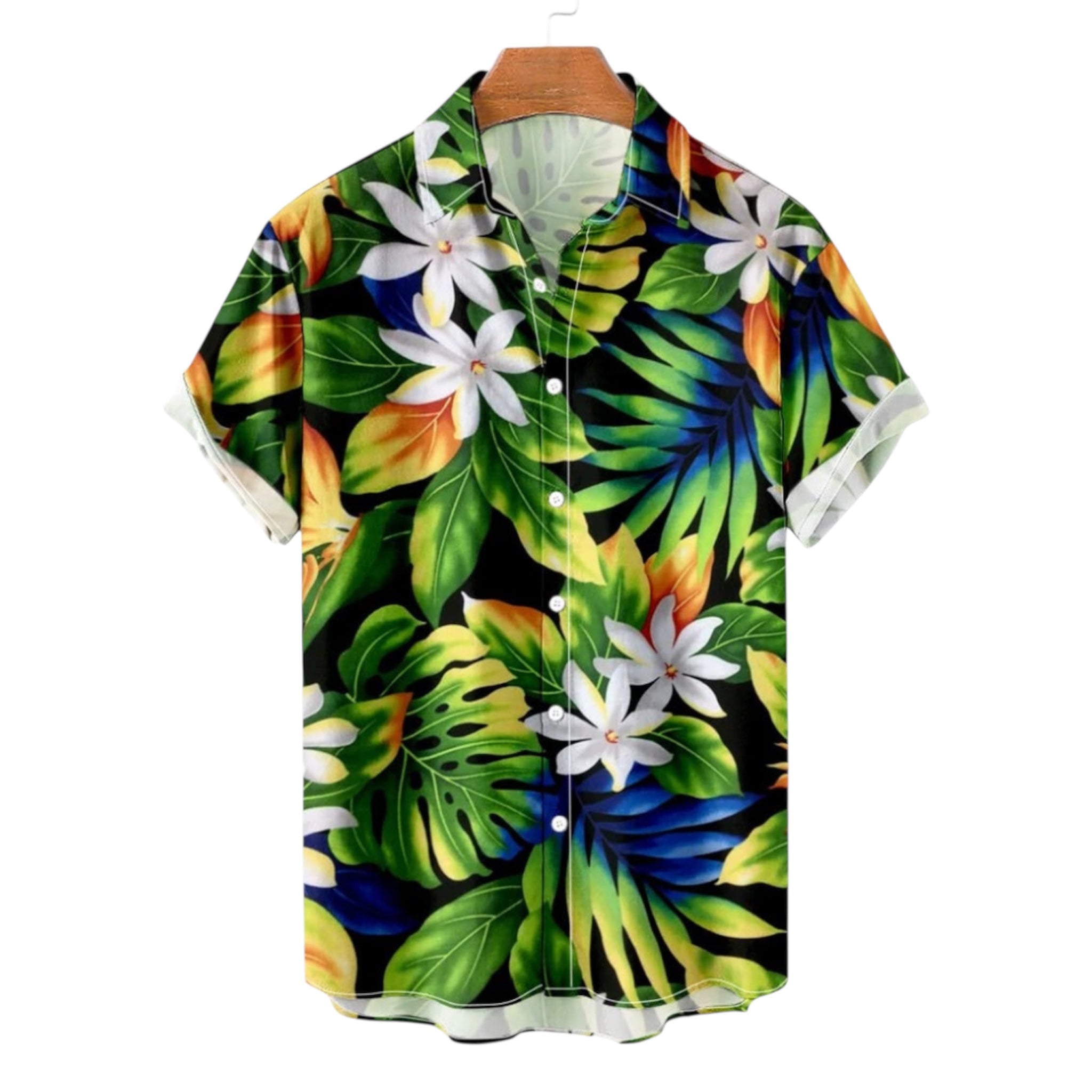 Men's Fashionable Casual Shirt Solid Color Polyester Fiber Flower Pattern Seaside Men's Clothing Printed Casual Shirt