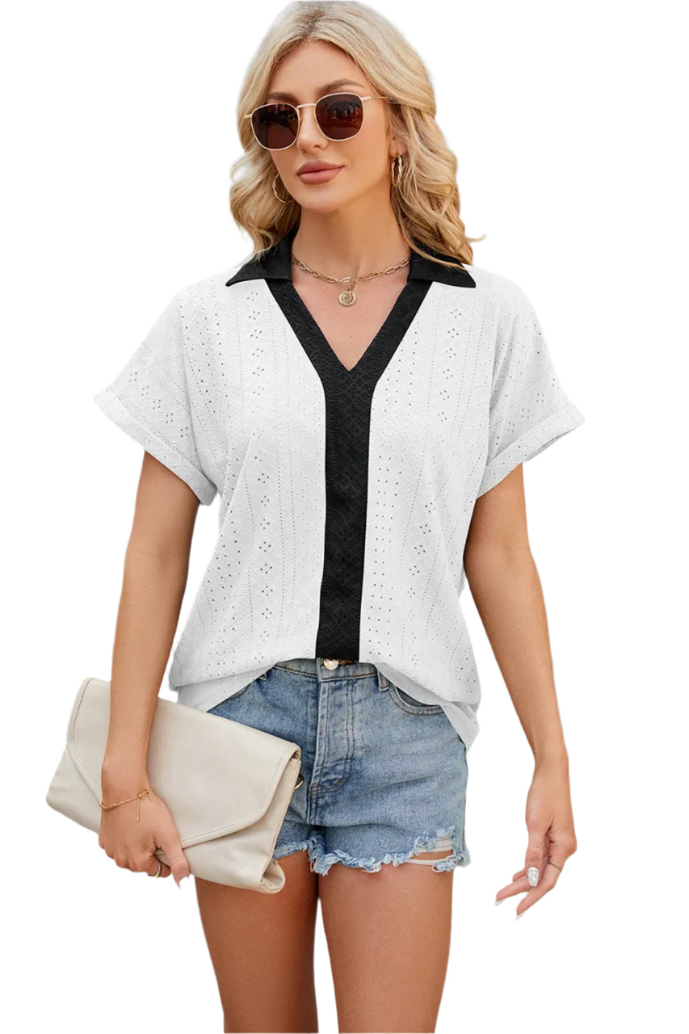 V-hals contrasterende korte mouwen losse T-shirt top voor dames