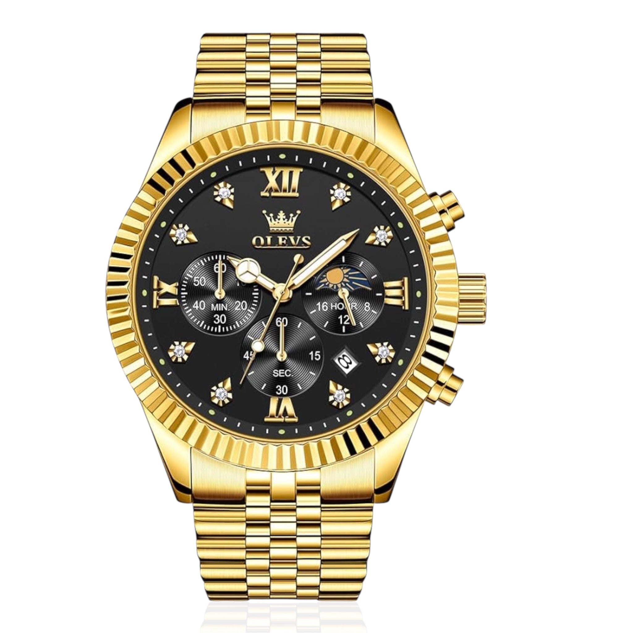 OLEVS Original Men Quartz Watch Chronograph Gold Stainless Steel Moon Phase Luxury Men's Watch - Acquisti Online
