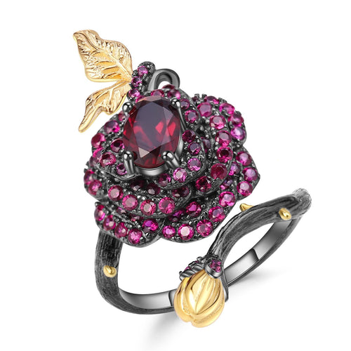 Fashion Women's Ring Vintage Style S925 Silver Gemstone Ring Secret Garden Rose Design with Natural Colorful Stones