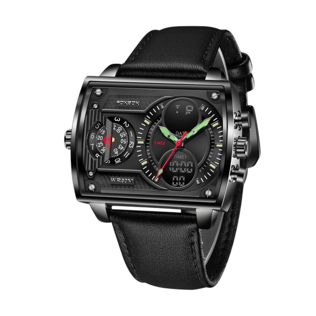 Black wristwatch with detailed face on a white background