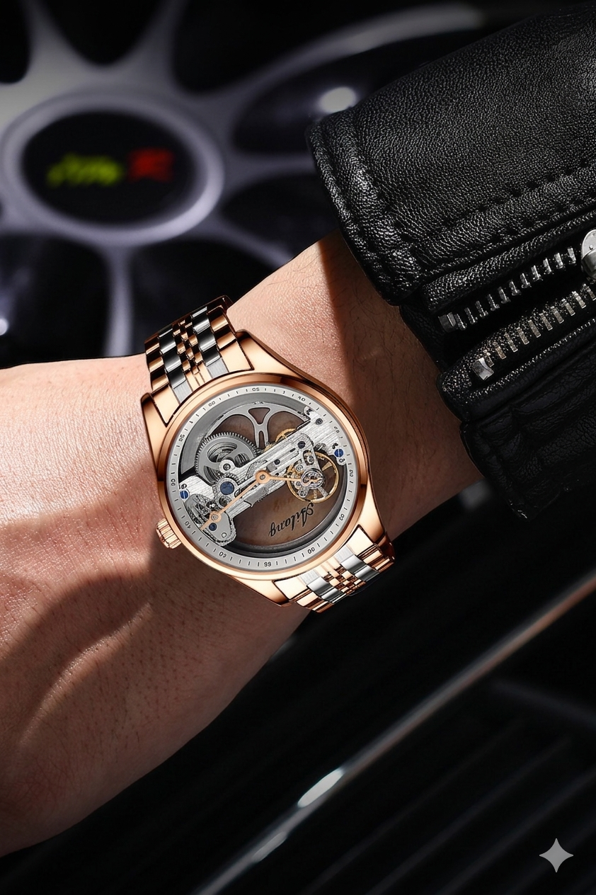 Ailang Men's Business Casual Automatic Mechanical Watch Creative Hollow Leather Band Waterproof Man Watch - Acquisti Online