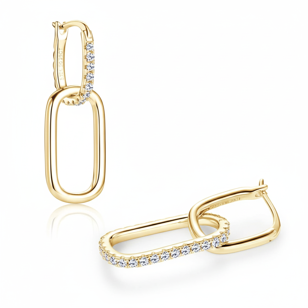 Luxe damesoorbellen van 925 sterling zilver met moissanite en diamanten, huggie oorbellen met paperclip-effect en druppelvormige schakels.