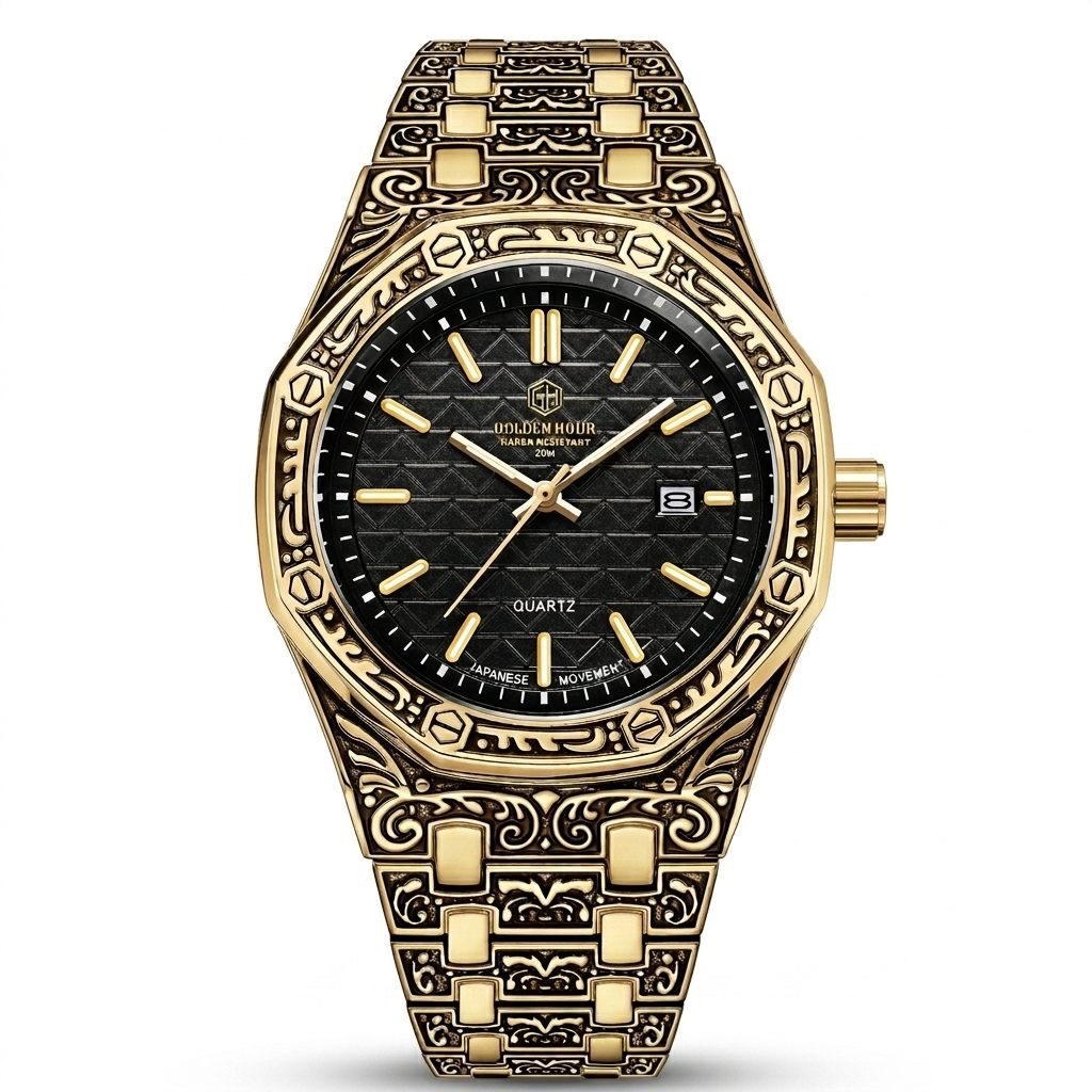 Golden Hour Man Casual Fashion Automatic Movement Spiral Crown Round Quartz Waterproof Steel Man Casual Watch - Acquisti Online