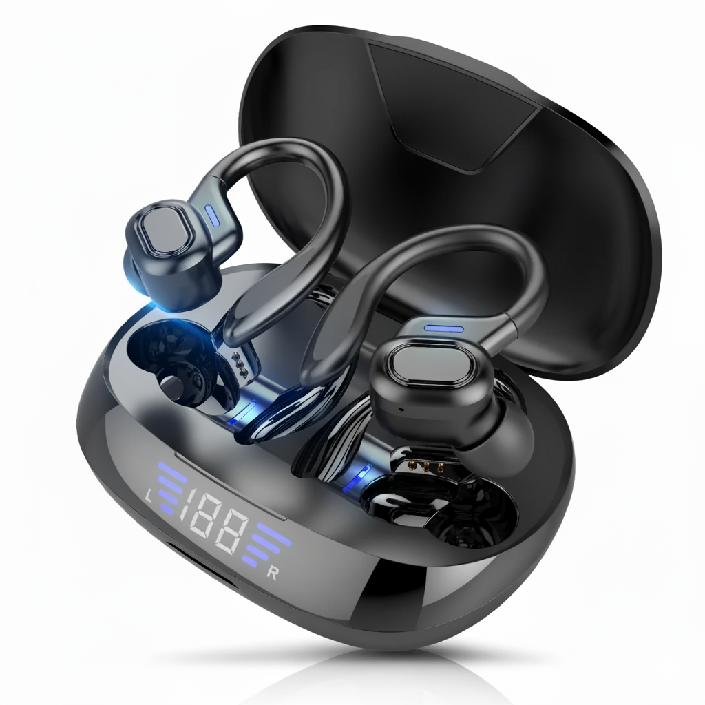 VV2 Draadloze Oordopjes Bluetooth Headset Binaurale Oorhaak Touch Control Hoofdtelefoon Met LED-scherm Hoofdtelefoon