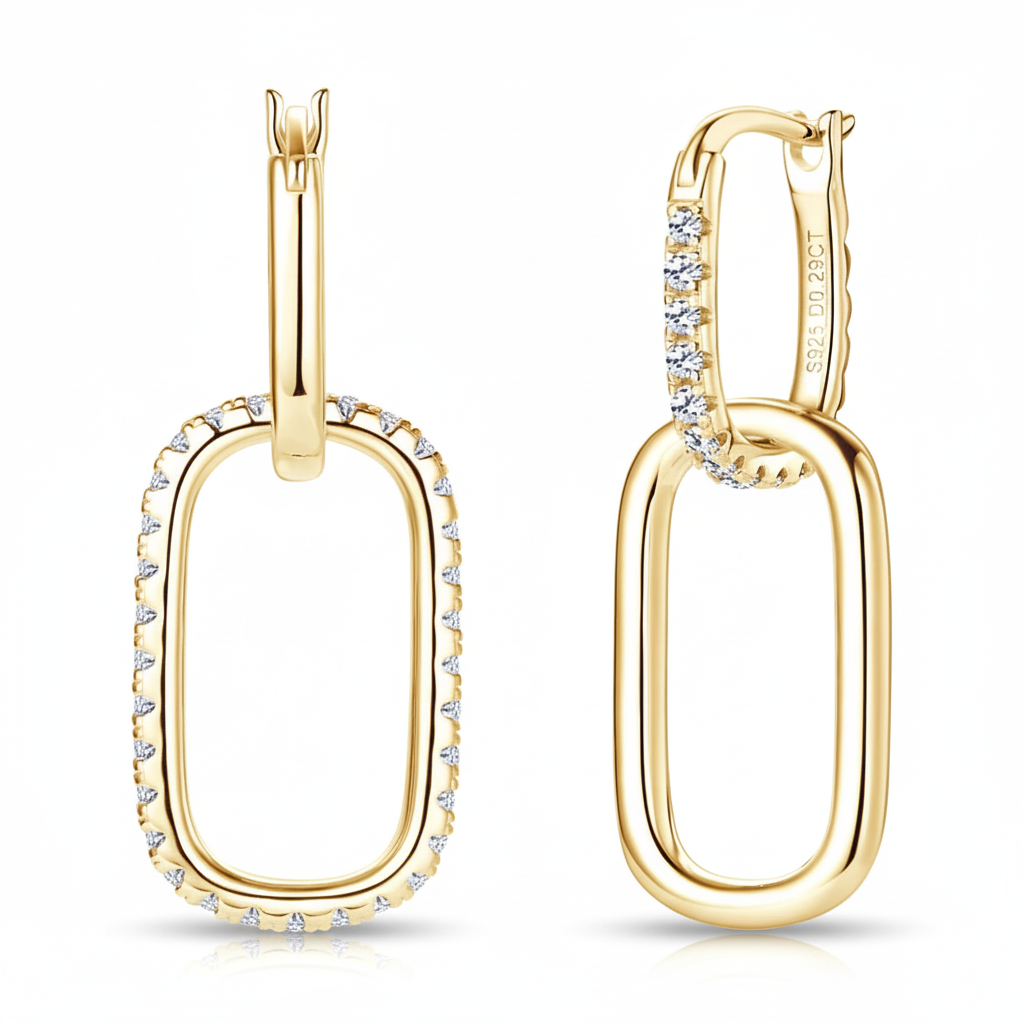 Luxe damesoorbellen van 925 sterling zilver met moissanite en diamanten, huggie oorbellen met paperclip-effect en druppelvormige schakels.