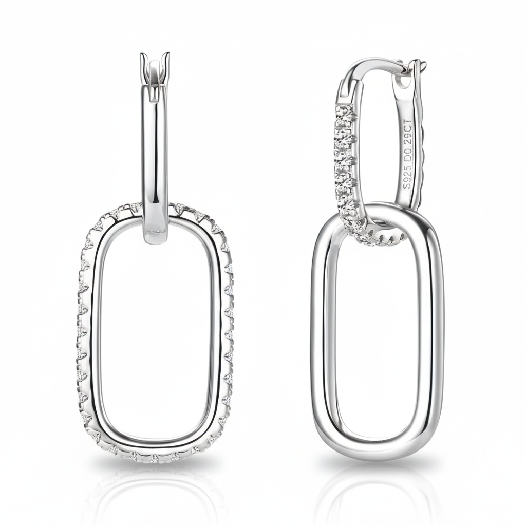 Luxe damesoorbellen van 925 sterling zilver met moissanite en diamanten, huggie oorbellen met paperclip-effect en druppelvormige schakels.