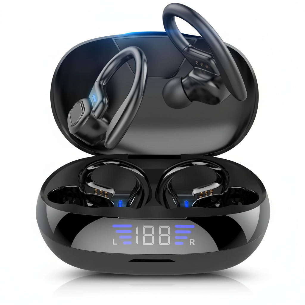 Auricolari wireless VV2, cuffie Bluetooth binaurali con gancio auricolare e controllo touch, cuffie con display LED