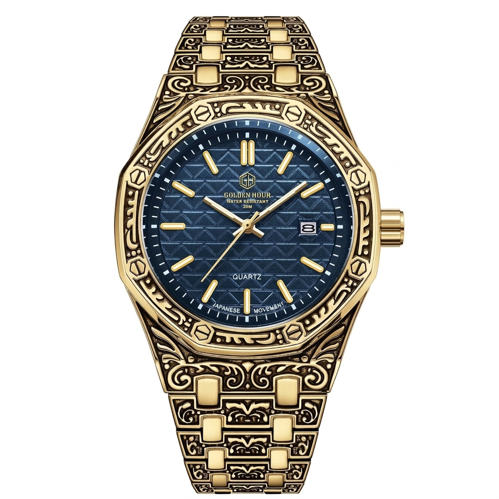 Golden Hour Man Casual Fashion Automatic Movement Spiral Crown Round Quartz Waterproof Steel Man Casual Watch - Acquisti Online