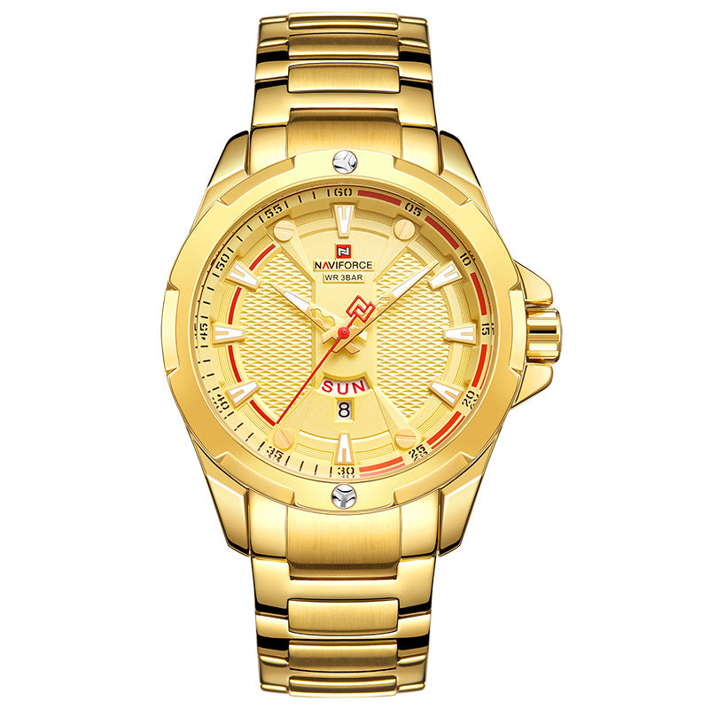 This image features a stylish men's casual watch, designed with a sleek stainless steel band and a striking gold-tone case. The watch showcases a detailed dial with a world time display, luminous hands, and a calendar function, all highlighted by a vibrant red accent on the bezel.
