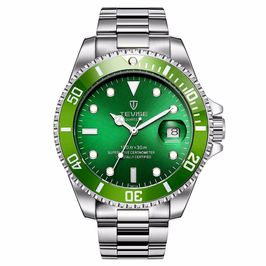 A silver stainless steel men's quartz watch with a green dial and luminous hands, a date display, and a stainless steel bracelet.