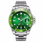 A silver stainless steel men's quartz watch with a green dial and luminous hands, a date display, and a stainless steel bracelet.