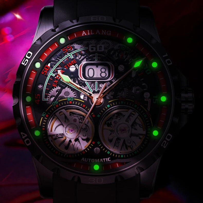 Man Automatic Sports Watch Waterproof Double Flywheel Hollow Watch