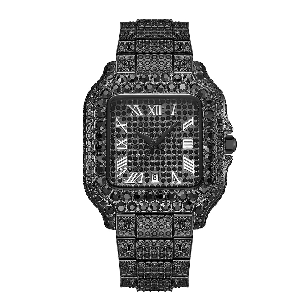 Men Luxury Rhinstone Crafted Quartz Watch Waterproof Classic Square Fashionable Man's  Hip Hop Quartz Wristwatches