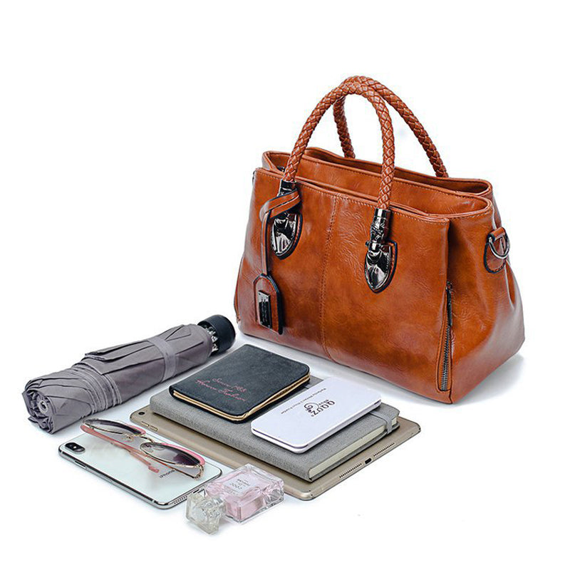 Luxe handtas voor dames, originele olie-was leren damestas, grote capaciteit, meerdere ritsvakken, schoudertas voor dames