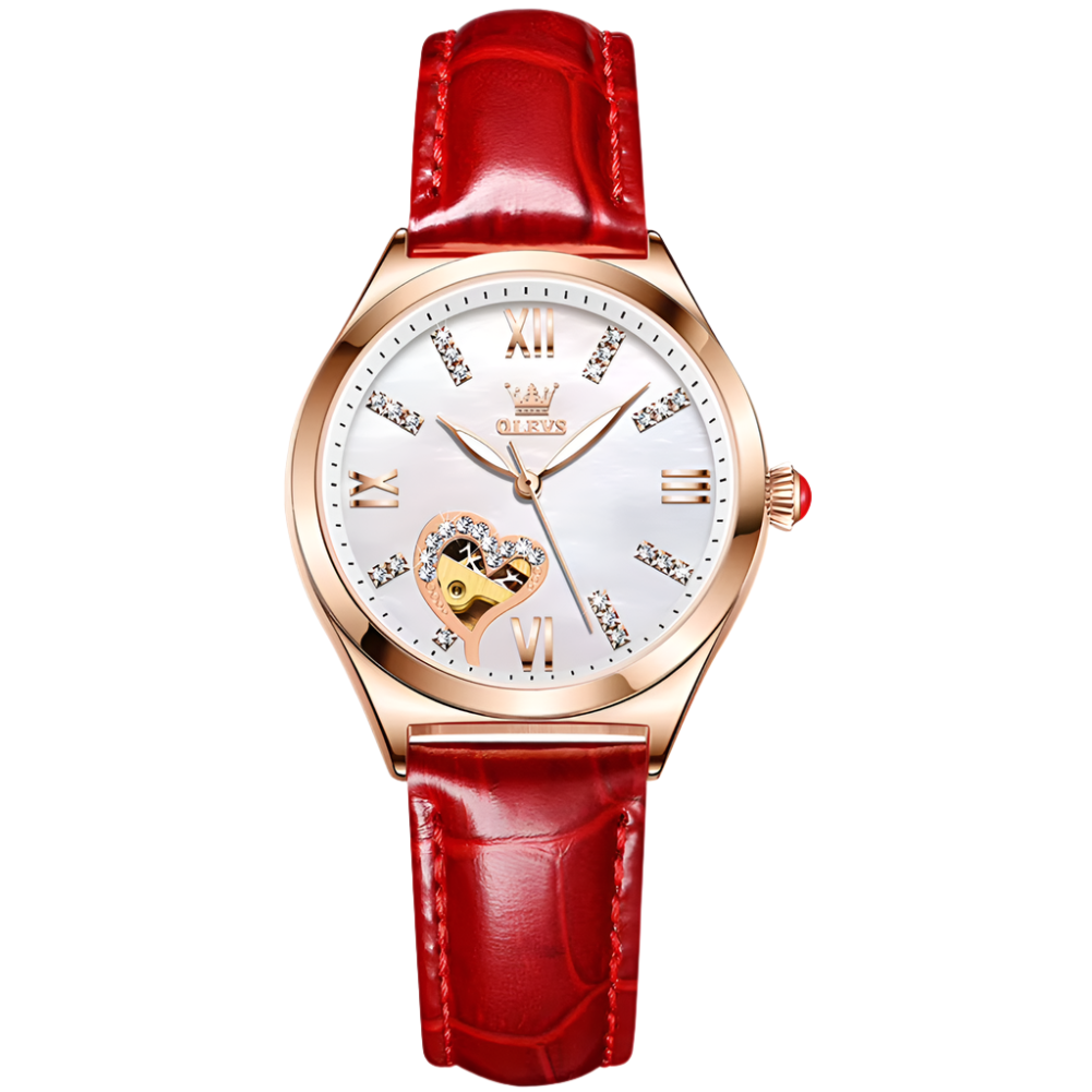 Wristwatch with red leather strap and rose gold case on white background, featuring OLEVS brand.