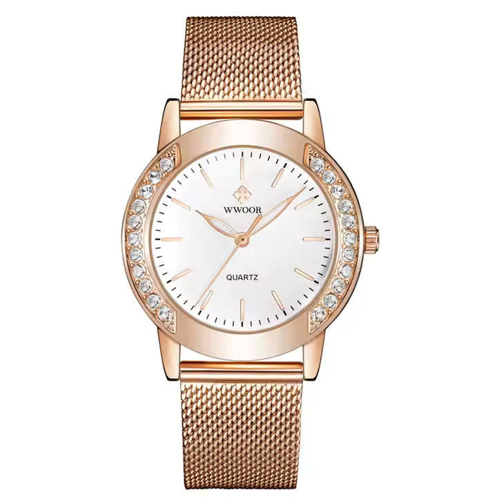 WWOOR Luxe dameshorloges met diamanten top, nieuw modehorloge voor dames, quartzhorloge met mesh band en armband voor dames