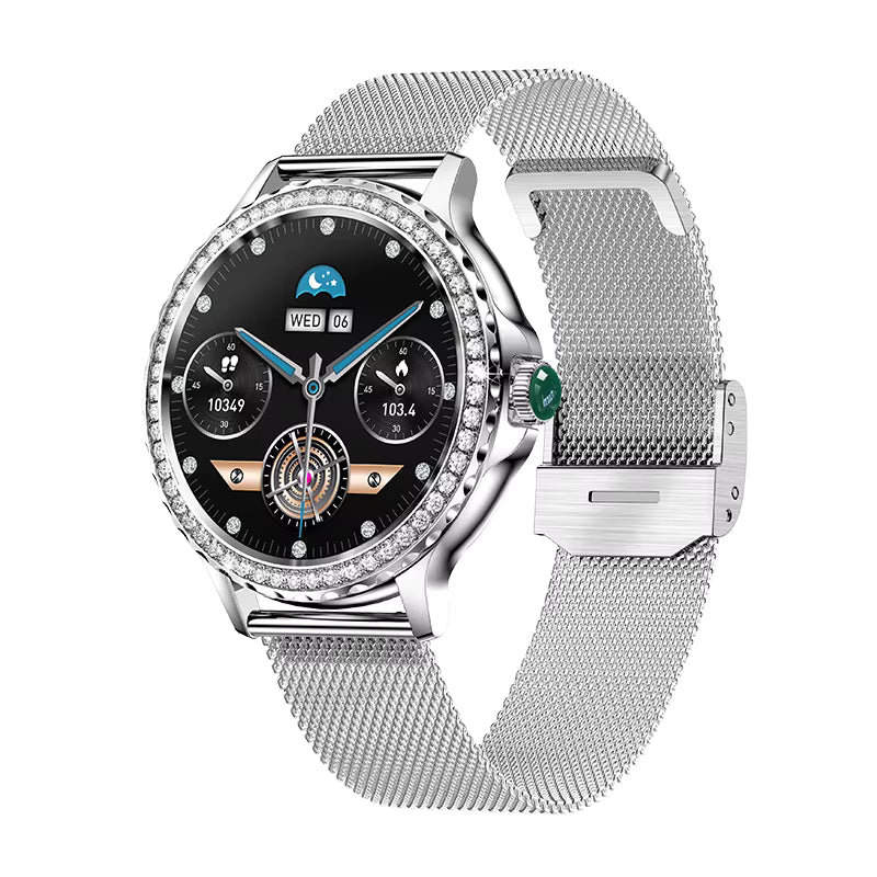 Orologio intelligente multifunzione da donna con monitoraggio della salute, promemoria intelligente, monitoraggio del fitness e chiamata Bluetooth Rhinstone