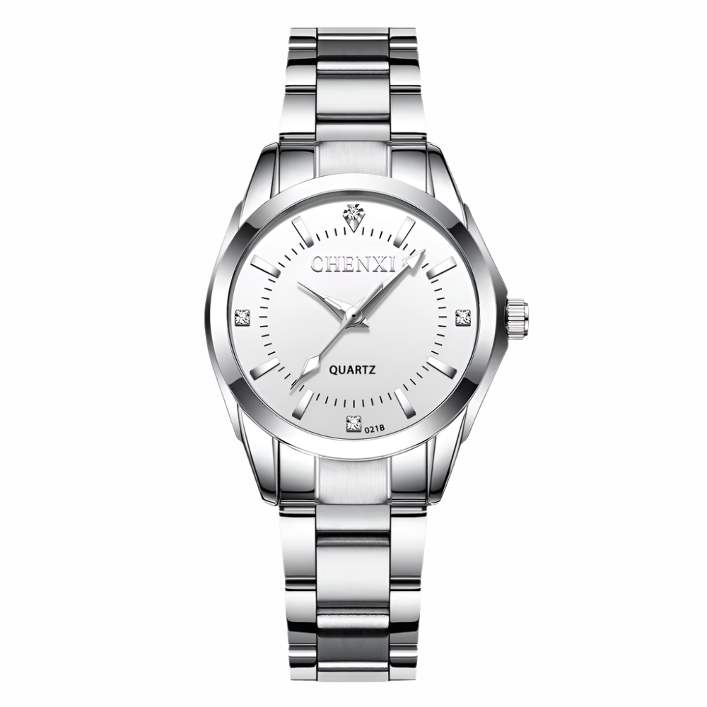 Silver watch with white face on a white background, featuring the CHENXI brand.