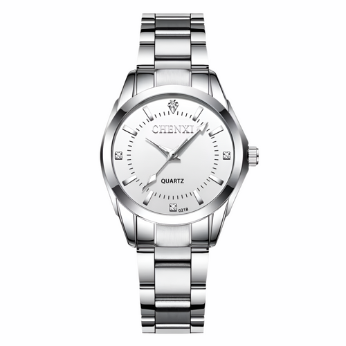 Silver watch with white face on a white background, featuring the CHENXI brand.